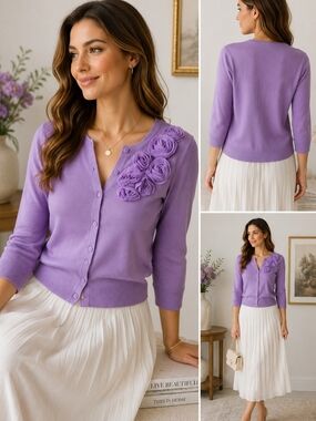 MOSCA Lavender Rosette Cardigan Sweater Women's Large 3/4 Sleeve Floral Button